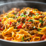 This One Pot Taco Spaghetti is a quick and delicious meal that combines the flavors of a taco with the comfort of spaghetti. It's all made in one pot, making cleanup a breeze!