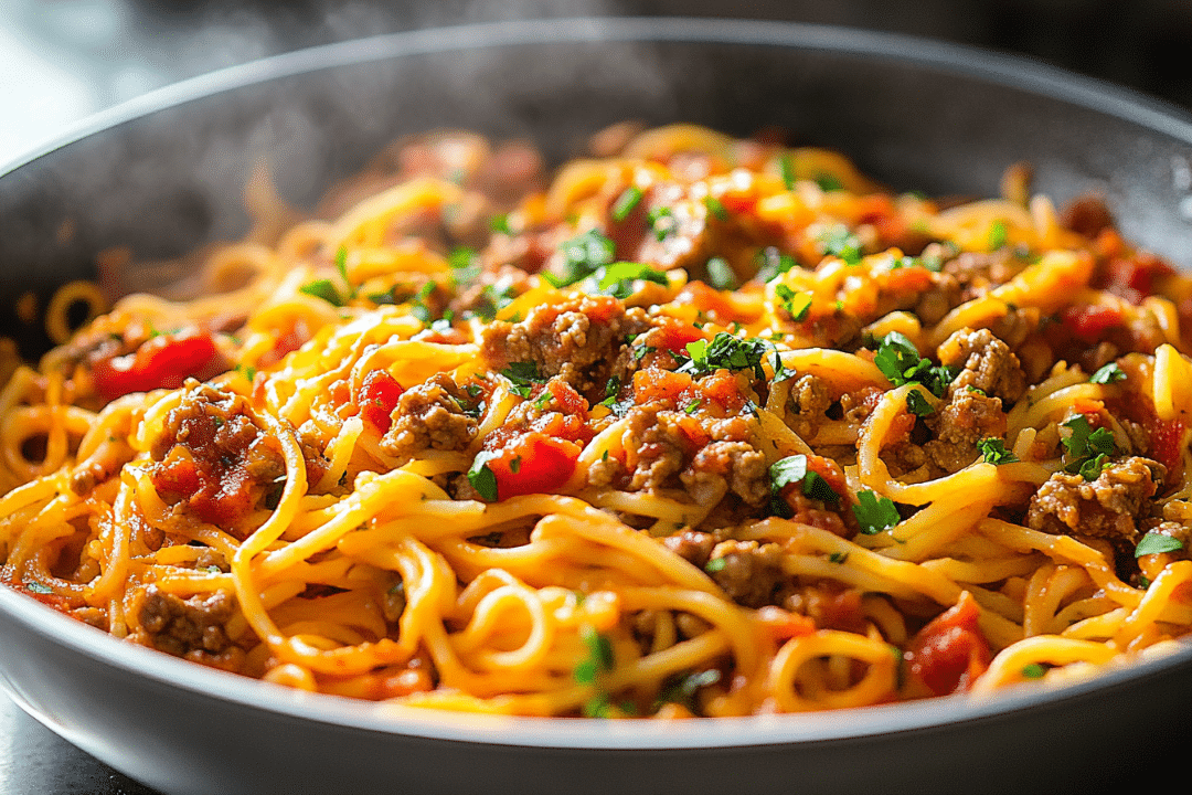 This One Pot Taco Spaghetti is a quick and delicious meal that combines the flavors of a taco with the comfort of spaghetti. It's all made in one pot, making cleanup a breeze!